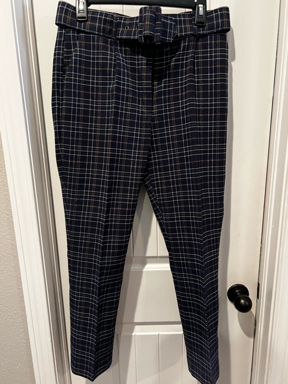 Plaid Ankle Pants with Belt - Navy blue brown white women’s sz 10